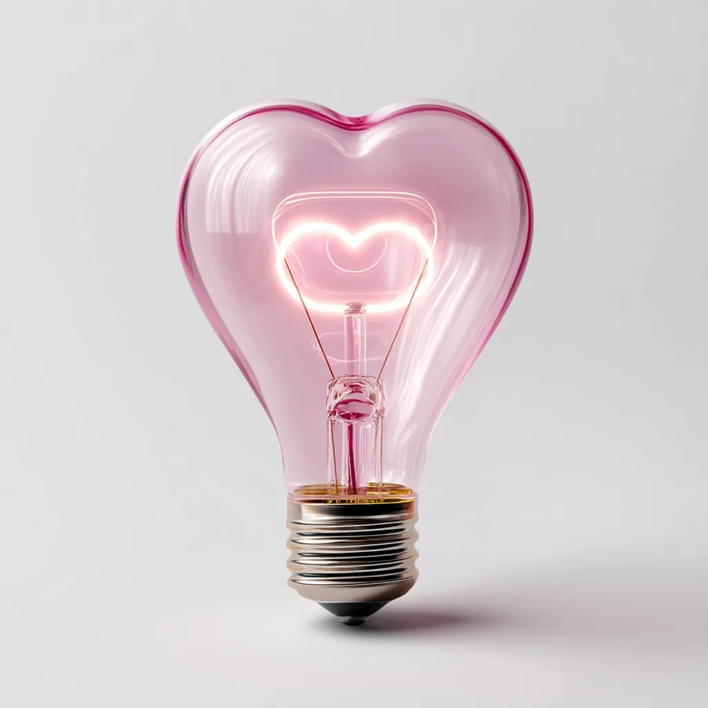 A heart-shaped pink lightbulb glows softly against a white background.  The filament inside forms a smaller heart shape, radiating a warm, gentle light. The bulb is aesthetically pleasing, suggesting themes of love, romance, and unique ideas.  Its delicate design creates a visually appealing and romantic image.