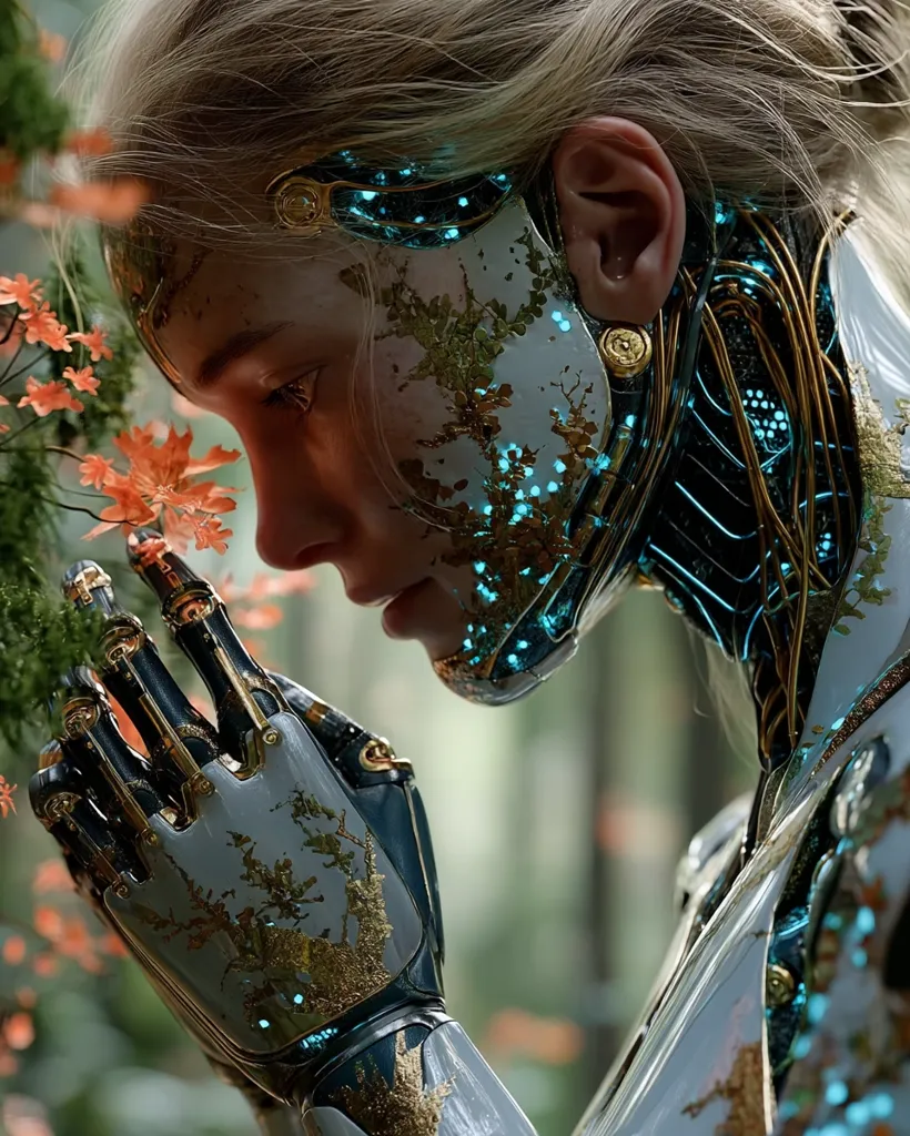A close-up depicts a cyborg woman with blond hair, intricately designed robotic features, and gold accents.  Her face is partially mechanical, and her hand, also robotic, gently touches a delicate orange flower. The background suggests a lush, natural environment, creating a contrast between nature and technology.  The overall mood is serene and slightly melancholic.