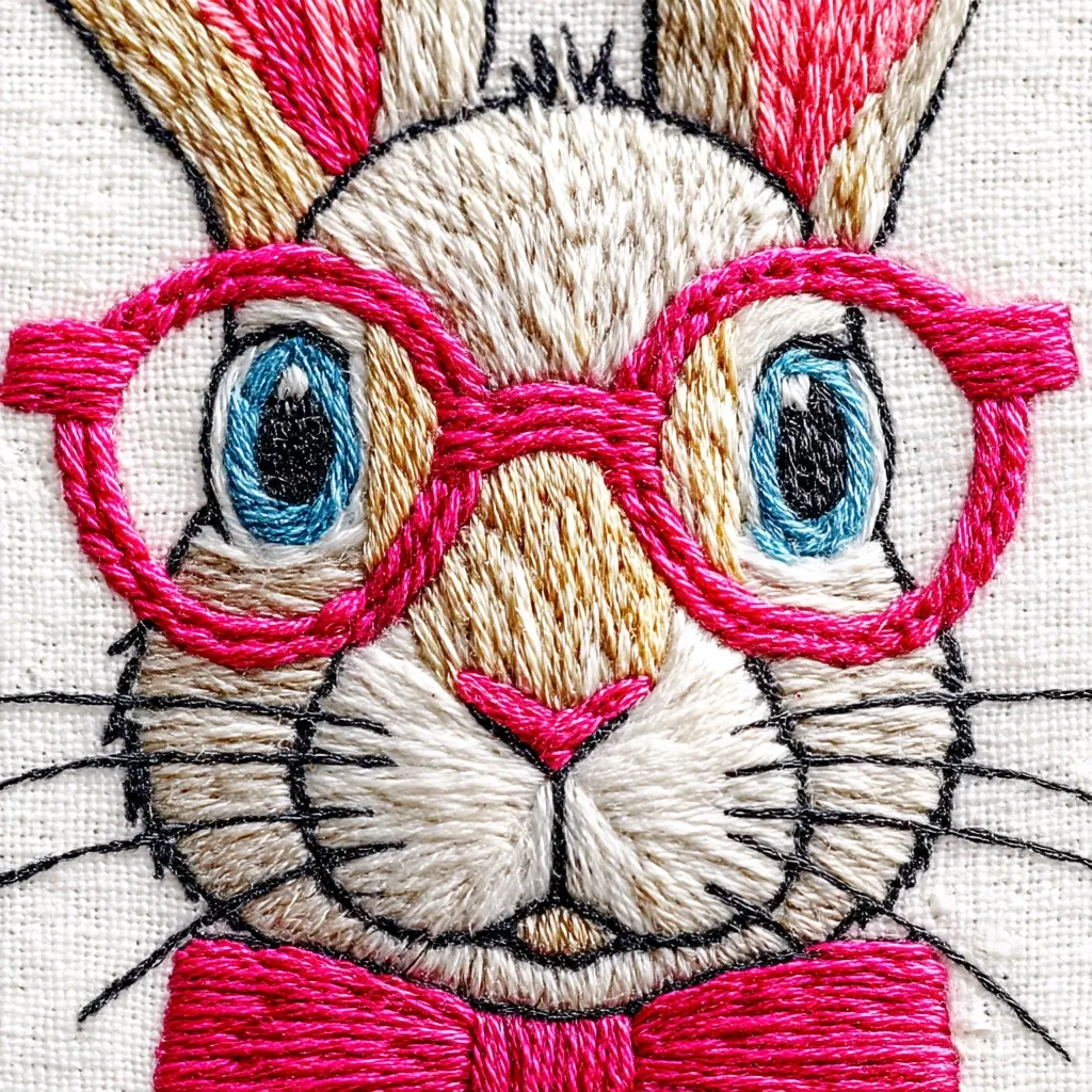A close-up of an embroidered bunny wearing pink glasses and a bow tie. The bunny's fur is meticulously stitched in cream and light brown threads, its eyes are a vibrant blue, and its features are delicately outlined in black. The pink accessories add a pop of color, enhancing the charming and detailed nature of the embroidery.  The work is stitched onto an off-white fabric.