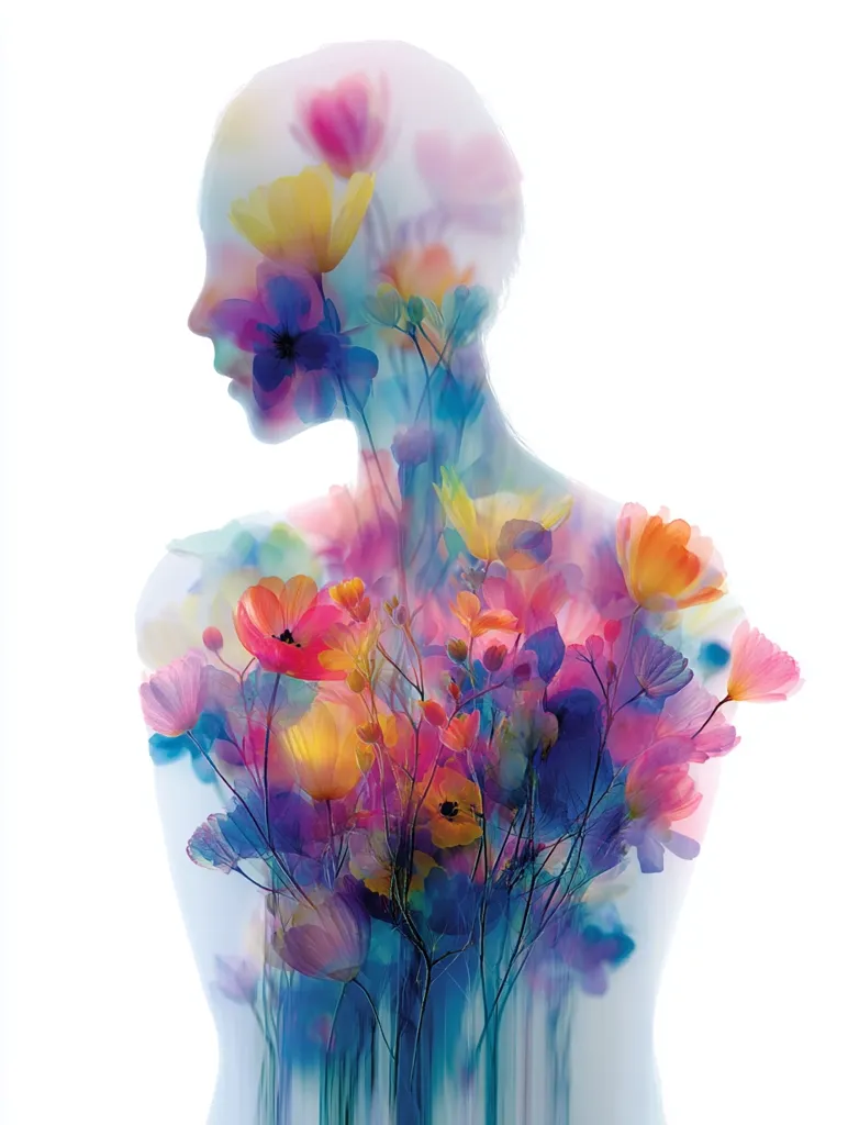 A watercolor-style image depicts a woman's silhouette overlaid with vibrant, colorful flowers. The flowers, in various shades of pink, yellow, blue, and orange, seem to bloom from within the figure, creating a surreal and ethereal effect.  The overall impression is one of delicate beauty and the intertwining of nature and human form. The background is a soft white, enhancing the vibrancy of the colors.