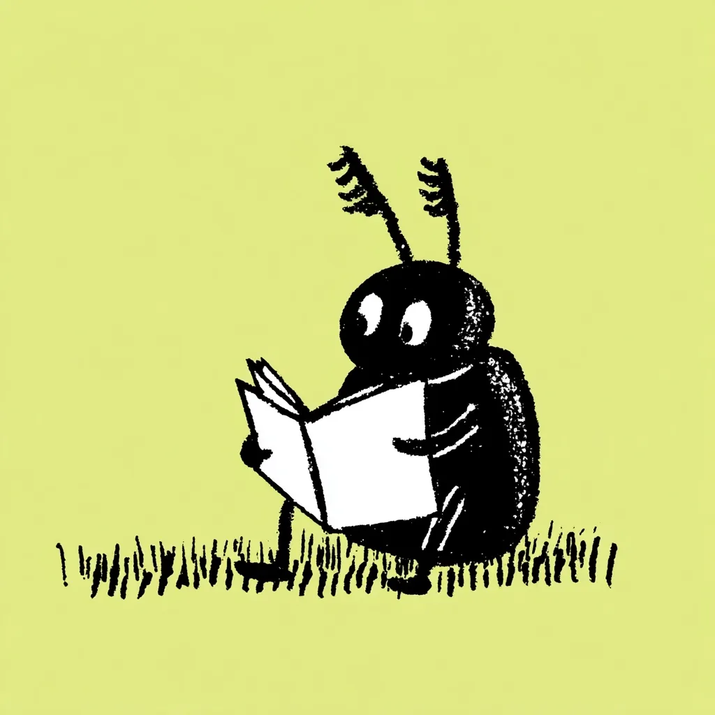 A whimsical illustration depicts a black insect-like creature, with prominent antennae, engrossed in reading a book.  The insect sits amidst simple grass markings on a pale green background. The style is childlike, with a slightly textured, hand-drawn look.  The creature's large, expressive eyes add a touch of charm.
