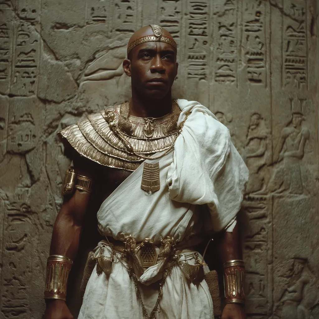 A dark-skinned man, bald except for a gold headdress, stands before an ancient stone wall etched with hieroglyphs.  He's adorned in elaborate gold jewelry:  a heavy collar, bracelets, and a pendant.  His off-white linen garment is draped loosely, creating a regal yet somewhat somber appearance. The image evokes a sense of ancient Egyptian royalty and history.