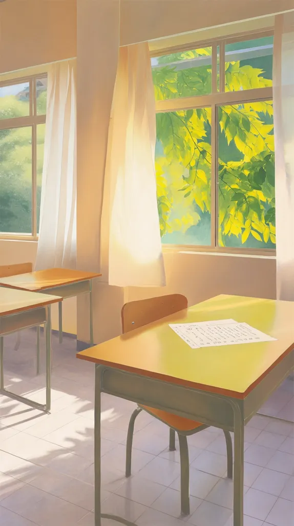 Sunlight streams through sheer curtains in a classroom, illuminating desks and chairs.  A single sheet of paper rests on one desk.  The windows display vibrant green foliage, suggesting a spring or summer setting.  The overall atmosphere is serene and peaceful, evoking a sense of calm and quiet contemplation.  The muted yellow tones of the desks and walls contribute to the tranquil mood.