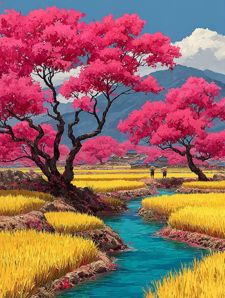 Vibrant pink cherry blossom trees stand tall against a backdrop of majestic mountains.  A tranquil turquoise stream winds through golden rice paddies, leading towards a small village nestled amongst the blossoms. Two figures are seen walking along a path in the distance, adding a sense of serenity to the idyllic landscape.  The scene is painted in a style that is both realistic and slightly surreal, emphasizing the beauty of the contrasting colors and natural elements.