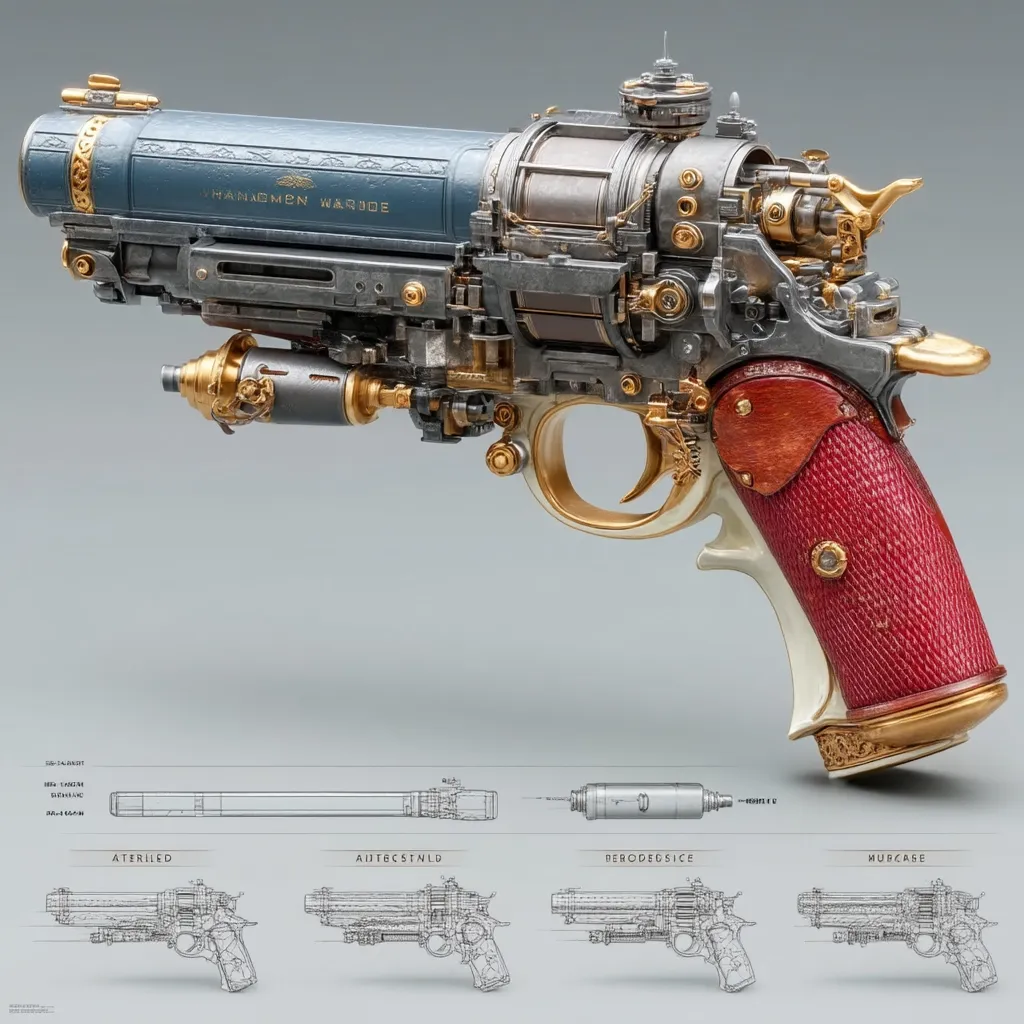 A meticulously detailed steampunk-style handgun, the "Thanagmen Wargude," is showcased.  The weapon features exposed gears, gold accents, a red and cream grip, and a long, engraved barrel.  Technical line drawings of the gun and its components are displayed below, providing blueprints and alternative designs. The overall aesthetic blends intricate machinery with elegant ornamentation.