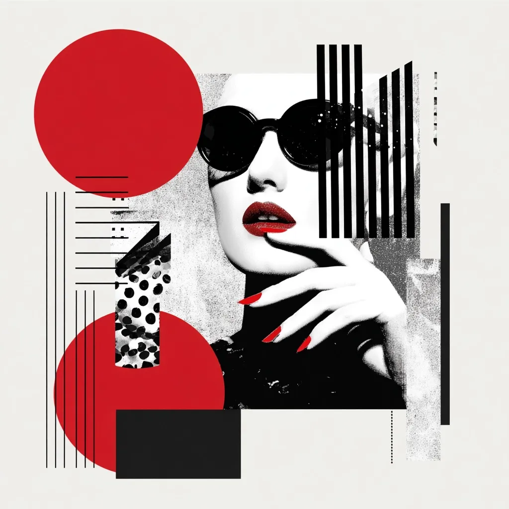 A stylized portrait of a woman in sunglasses, rendered in a bold, geometric collage.  Red circles and black lines contrast against a grayscale background, creating a modern, almost Cubist effect. Her red lipstick and nails pop against her monochrome face, emphasizing a sense of glamour and mystery. The image is a playful blend of vintage style and contemporary art.