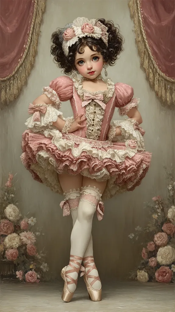 A young girl, adorned in a delicate pink and lace dress, stands poised in ballet slippers.  Her dark curls are framed by a floral headpiece, and her expression is serene. The setting is elegant, with rose-filled bouquets and draped curtains creating a romantic atmosphere. The painting's style is reminiscent of classical portraiture, emphasizing the subject's grace and youthful beauty.