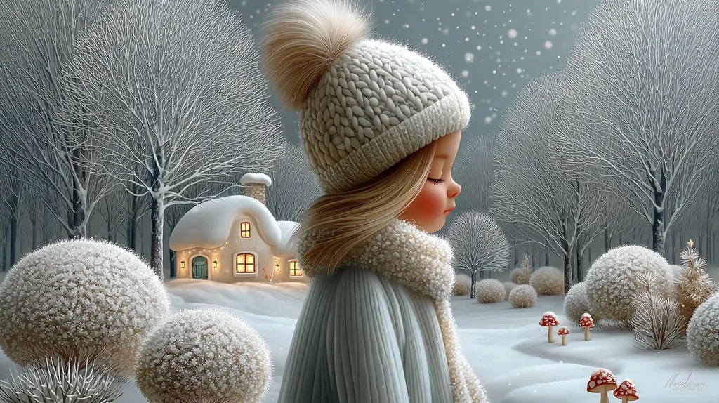A digital painting depicts a young girl, wearing a fluffy white hat and coat, standing in a snowy winter scene.  She gazes towards a small, warmly lit cottage nestled amongst snow-covered trees and bushes.  Tiny, red mushrooms dot the snowy ground, adding a touch of whimsy to the peaceful, winter wonderland setting.  Snow gently falls, creating a magical atmosphere.