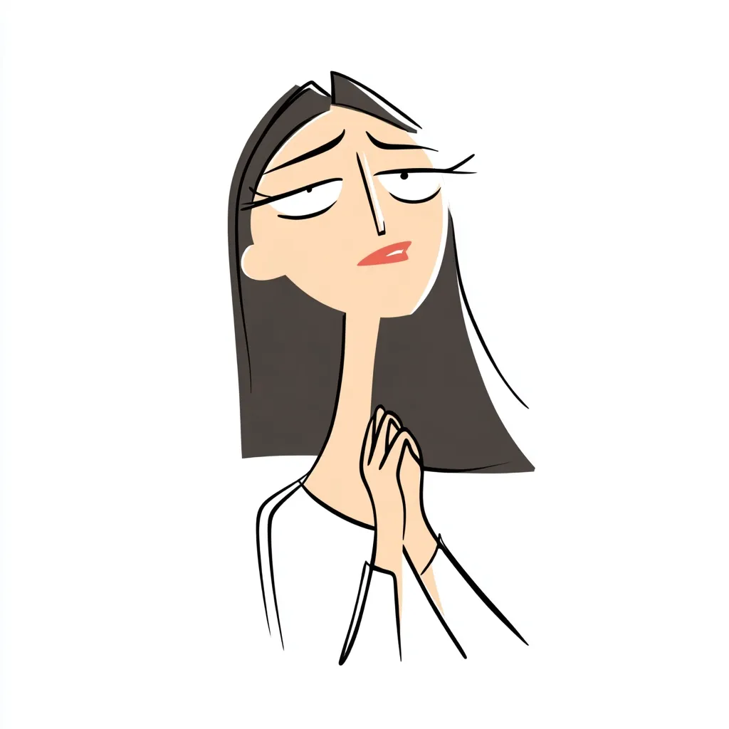 A stylized illustration depicts a woman with long dark hair, looking upward with a worried expression. Her hands are clasped together in front of her chest, suggesting prayer or supplication.  Her features are simplified, with a focus on her melancholic gaze and slightly downturned mouth. The overall style is minimalist and cartoonish.