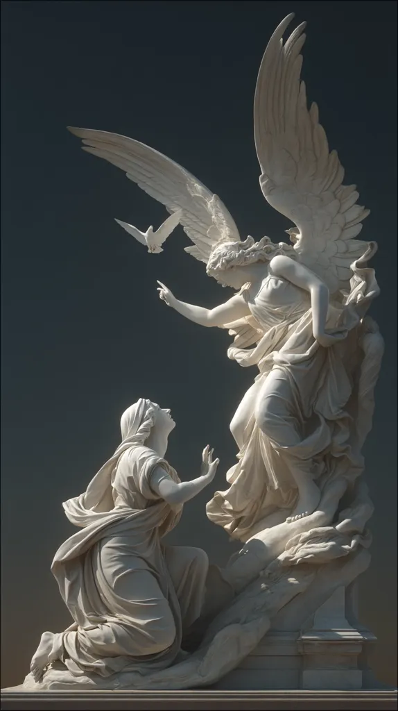 A stunning marble sculpture depicts a winged angel, its wings dramatically spread, descending to comfort a kneeling woman.  A dove in flight adds to the ethereal scene. The angel's flowing robes and the woman's draped garments are intricately detailed, showcasing the artist's skill in capturing movement and emotion. The piece exudes a sense of peace and divine intervention.