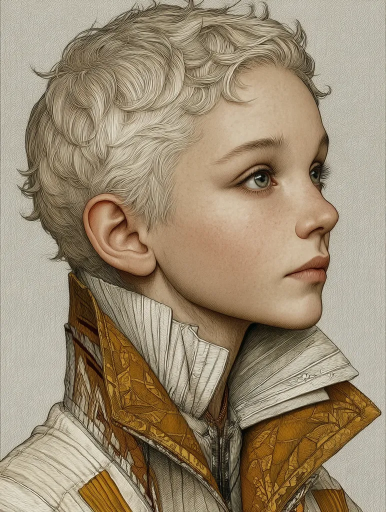 A detailed portrait showcases a young person with short, blonde, curly hair.  Their profile is presented, revealing a delicate face with fair skin and light eyes.  They wear a high-collared garment, the collar adorned with intricate gold embroidery against a light beige fabric.  The artistic style is reminiscent of classical portraiture, rendered with meticulous detail and shading.