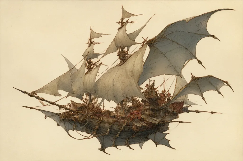 A detailed illustration depicts a fantastical airship, resembling a galleon with large, bat-like wings extending from its hull.  The ship features tattered sails and intricate wooden structures, populated by numerous small figures.  The overall aesthetic is dark and aged, hinting at a gothic or steampunk influence. The airship floats against a light beige background.
