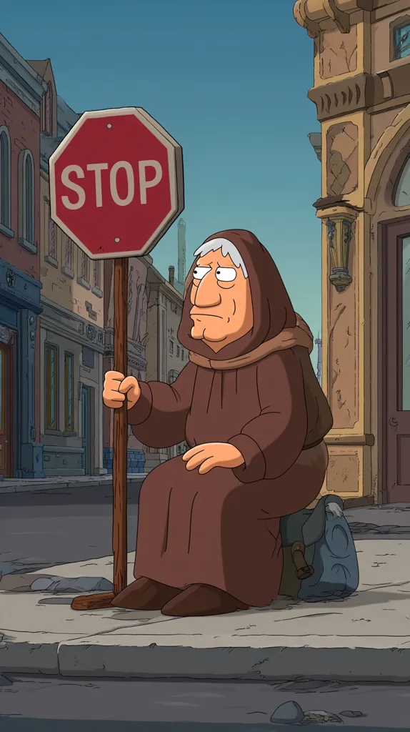 An elderly monk, cloaked in brown robes, sits on a curb holding a stop sign.  He appears weary, his gaze directed forward. The setting is a city street, with old buildings lining the background. A worn backpack sits beside him. The scene suggests a moment of quiet contemplation or waiting.
