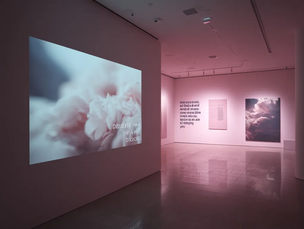An art gallery interior bathed in soft pink light showcases a contemporary art installation. A large projection displays a close-up of a delicate, light pink flower, overlaid with text.  Adjacent to it, smaller framed works with text and a muted landscape of clouds hang on the walls. The polished floor reflects the ambient lighting and the artwork. The overall aesthetic is serene and minimalist.