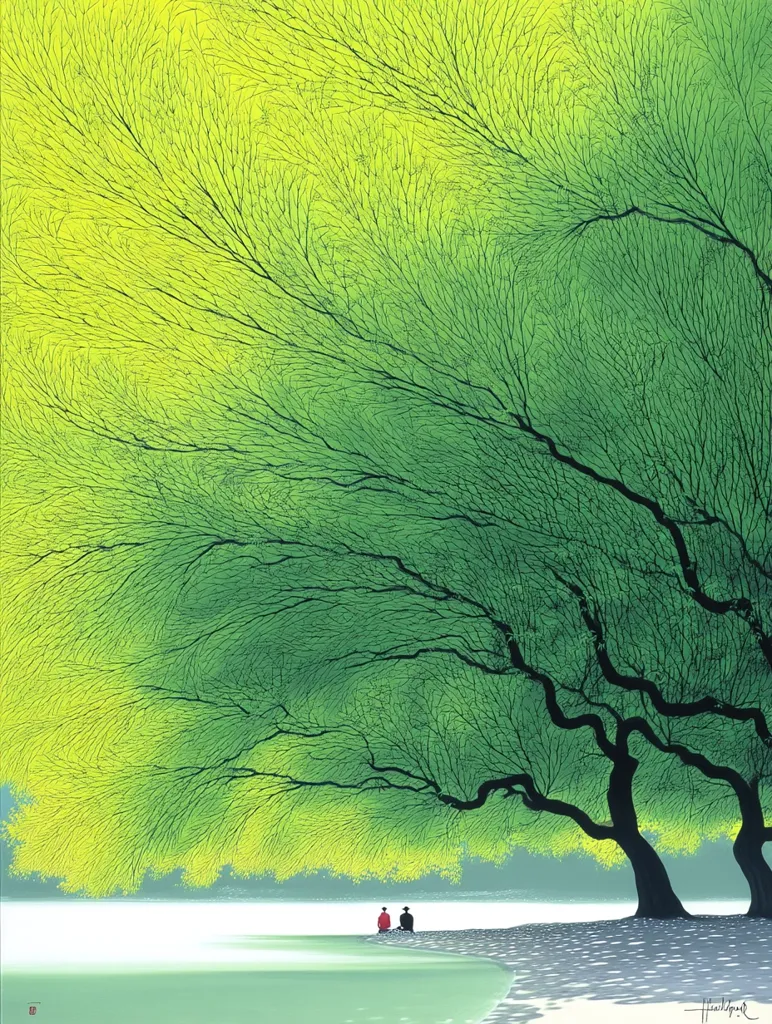 A stylized painting depicts two figures seated beneath a large, vibrant green tree overhanging a calm body of water. The tree's branches are intricately detailed, creating a lush canopy.  The figures are small, their clothing providing a splash of color against the green and grey tones of the landscape. The overall style is minimalist and serene, emphasizing the harmony between nature and humanity.