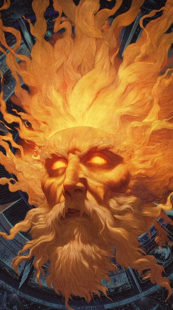 A detailed illustration depicts a sun god-like figure, his face framed by fiery, flowing hair and beard.  His intense gaze, glowing eyes, and textured features suggest power and age.  The background hints at a celestial or cosmic setting, with intricate details resembling a celestial map or clockwork mechanism. The overall style is highly detailed and evocative of classical mythology.