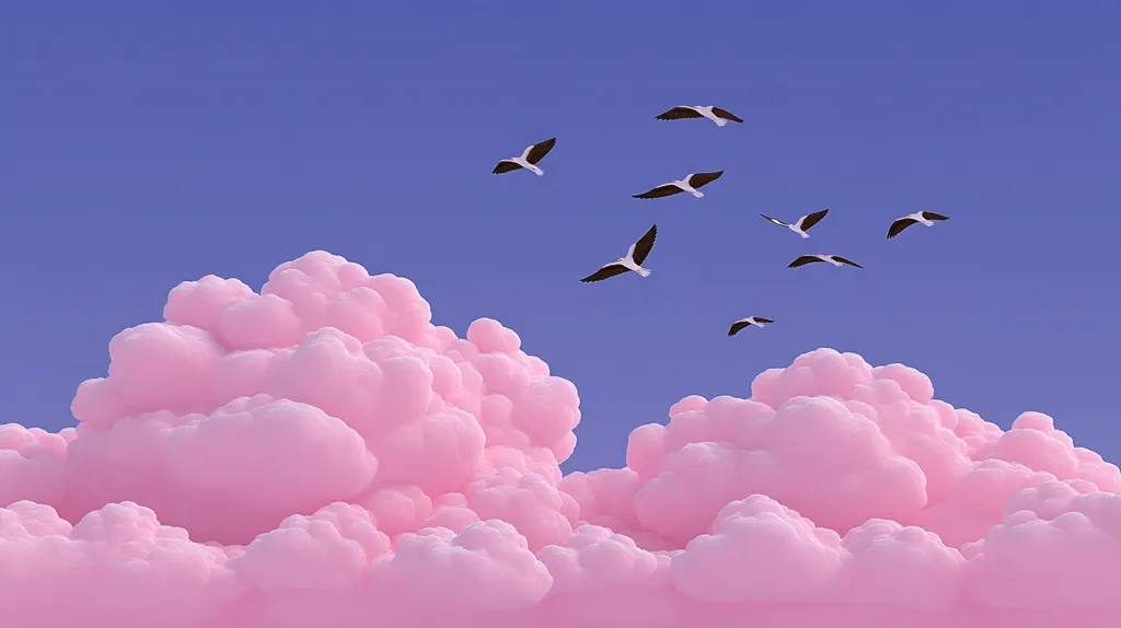 A flock of birds soars across a vibrant blue sky, silhouetted against a backdrop of fluffy, cotton-candy pink clouds.  The scene is surreal and dreamlike, with the soft pink clouds contrasting sharply against the clear blue. The birds fly in a loose formation, adding a sense of movement and freedom to the peaceful, idyllic setting.