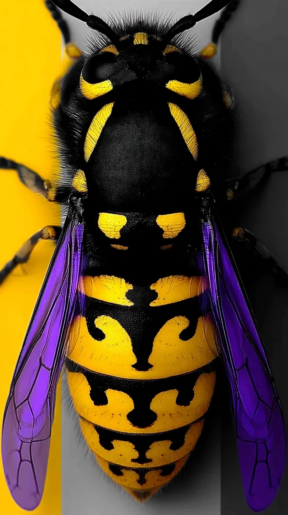 A close-up reveals a stylized wasp, its body predominantly black and yellow, strikingly contrasted against a yellow, gray, and black background. The wings are a vibrant purple, adding an unexpected element to the insect's design. The image's sharp focus highlights the wasp's intricate details, creating a visually arresting piece.  The color manipulation enhances the wasp's features, making it appear almost otherworldly.