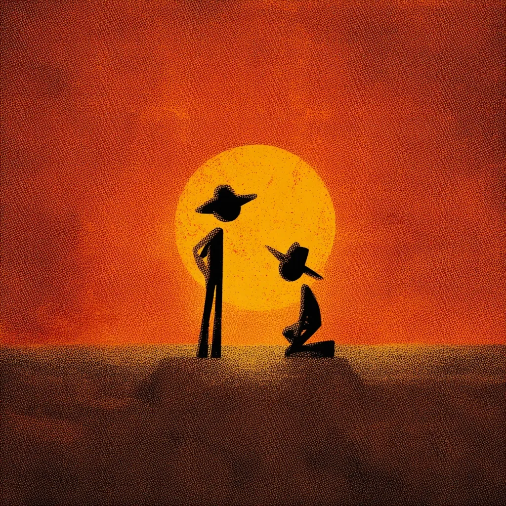 A stylized illustration depicts two stick figures in the style of a western film.  One stands tall, while the other kneels before him against a large, orange sun setting over a dark brown landscape.  The textured background suggests a gritty, desolate setting.  The scene conveys a feeling of confrontation or supplication under a dramatic sky.