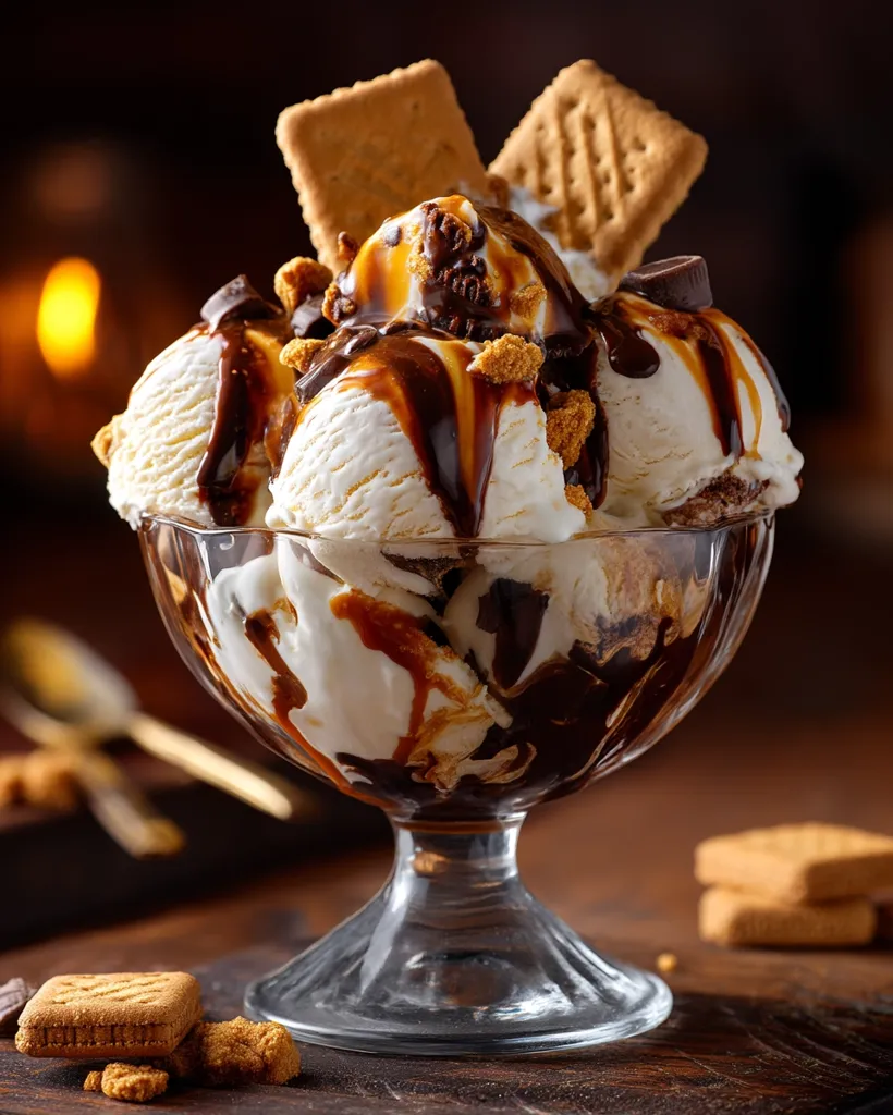 A decadent ice cream sundae is presented in a clear glass bowl.  Vanilla ice cream is generously drizzled with chocolate and caramel sauces.  Crushed biscuits and chocolate pieces are scattered throughout, topped with two whole biscuits.  The rich dessert is set against a dark, rustic background, hinting at a cozy, comforting atmosphere.