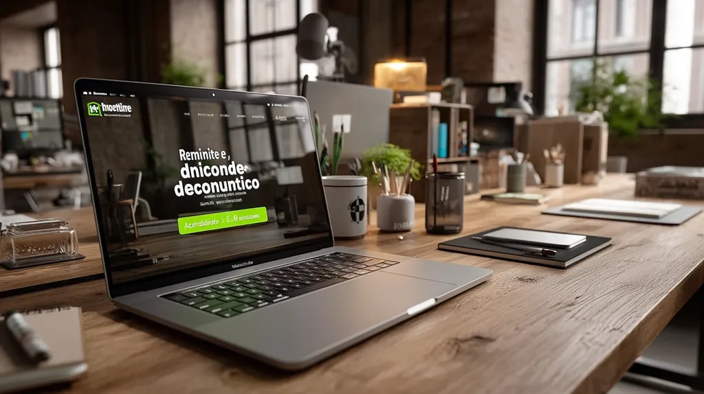 A modern laptop displays a website in Portuguese.  The website's headline translates to "Remember and deconuntico," suggesting a service related to memory or recollection. The workspace is stylish and minimalist, featuring a wooden desk, potted plants, and office supplies. The overall scene evokes a sense of productivity and modern business.