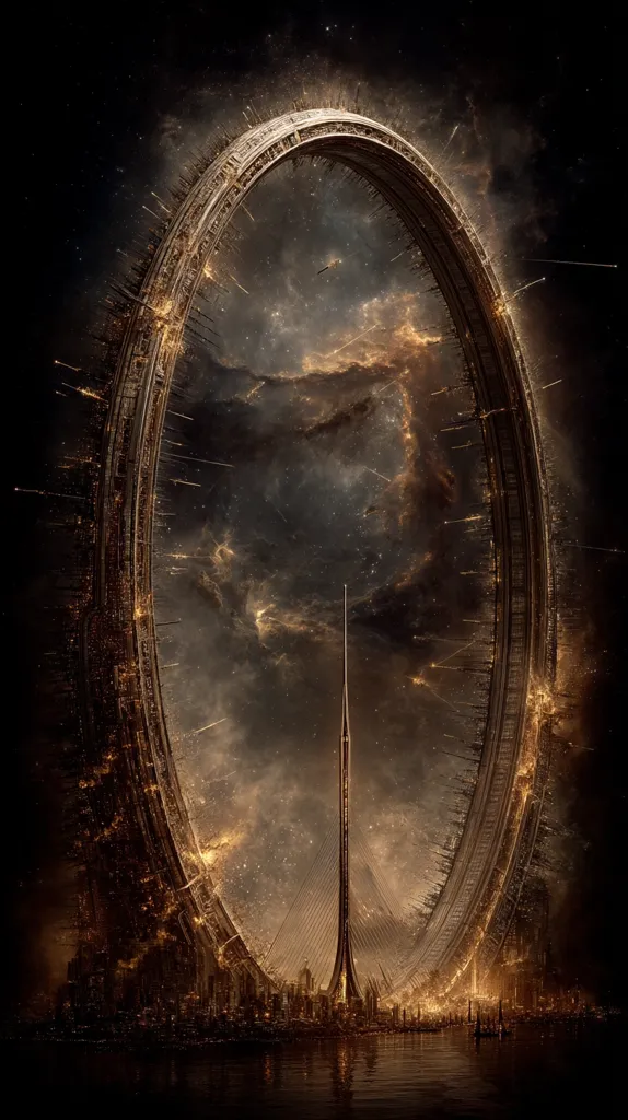 A futuristic cityscape is enveloped by a massive, ring-shaped structure, its metallic surface glowing with an ethereal light.  The ring frames a nebula-filled space, creating a breathtaking contrast between the artificial city and the cosmic backdrop.  A towering spire rises from the city, reaching towards the starry expanse within the ring. The scene evokes a sense of wonder and awe at the scale of both the city and the universe.