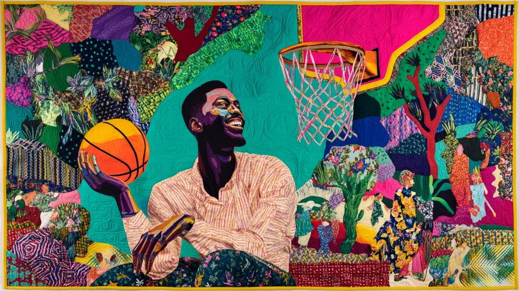 A vibrant textile artwork depicts a joyful Black man holding a basketball, set against a backdrop of lush, colorful foliage and a basketball hoop. The quilt's style is bold and expressive, employing a patchwork technique with diverse fabrics and patterns.  Surrounding figures add depth to the scene, creating a narrative rich in texture and color. The overall mood is celebratory and energetic.