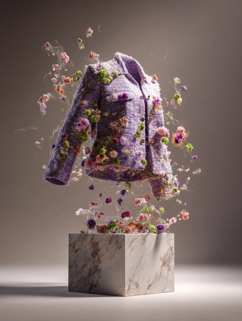 A lavender tweed jacket, adorned with delicate floral embellishments, floats above a marble cube.  Tiny flowers and wisps of fabric seem to detach from the garment, creating a whimsical, ethereal effect against a muted background. The image suggests fragility and the fleeting beauty of nature intertwined with fashion.