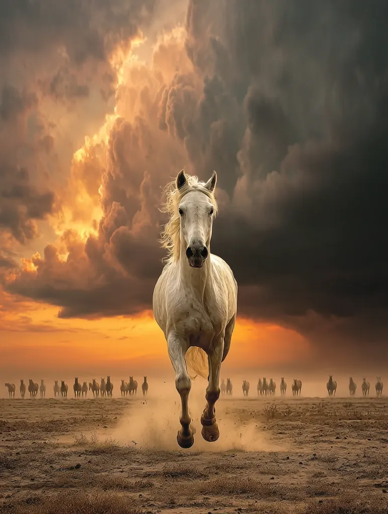 A majestic white horse gallops towards the viewer, dust swirling around its hooves.  A herd of horses trails behind it in the distance, silhouetted against a dramatic sunset.  Dark, brooding clouds fill the upper portion of the sky, creating a powerful contrast with the warm, golden light below. The scene evokes a sense of freedom and wild beauty.