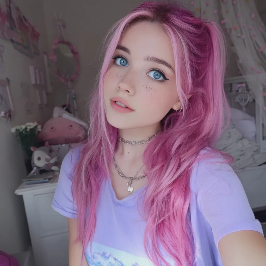 A young woman with vibrant pink hair and light blue eyes looks directly at the camera.  Her hair is styled in loose waves, partially pulled back. She has freckles and is wearing a lavender t-shirt and delicate silver necklaces. The background features a pastel-colored bedroom with plush toys and a vanity.  Her makeup is subtle and enhances her natural features.