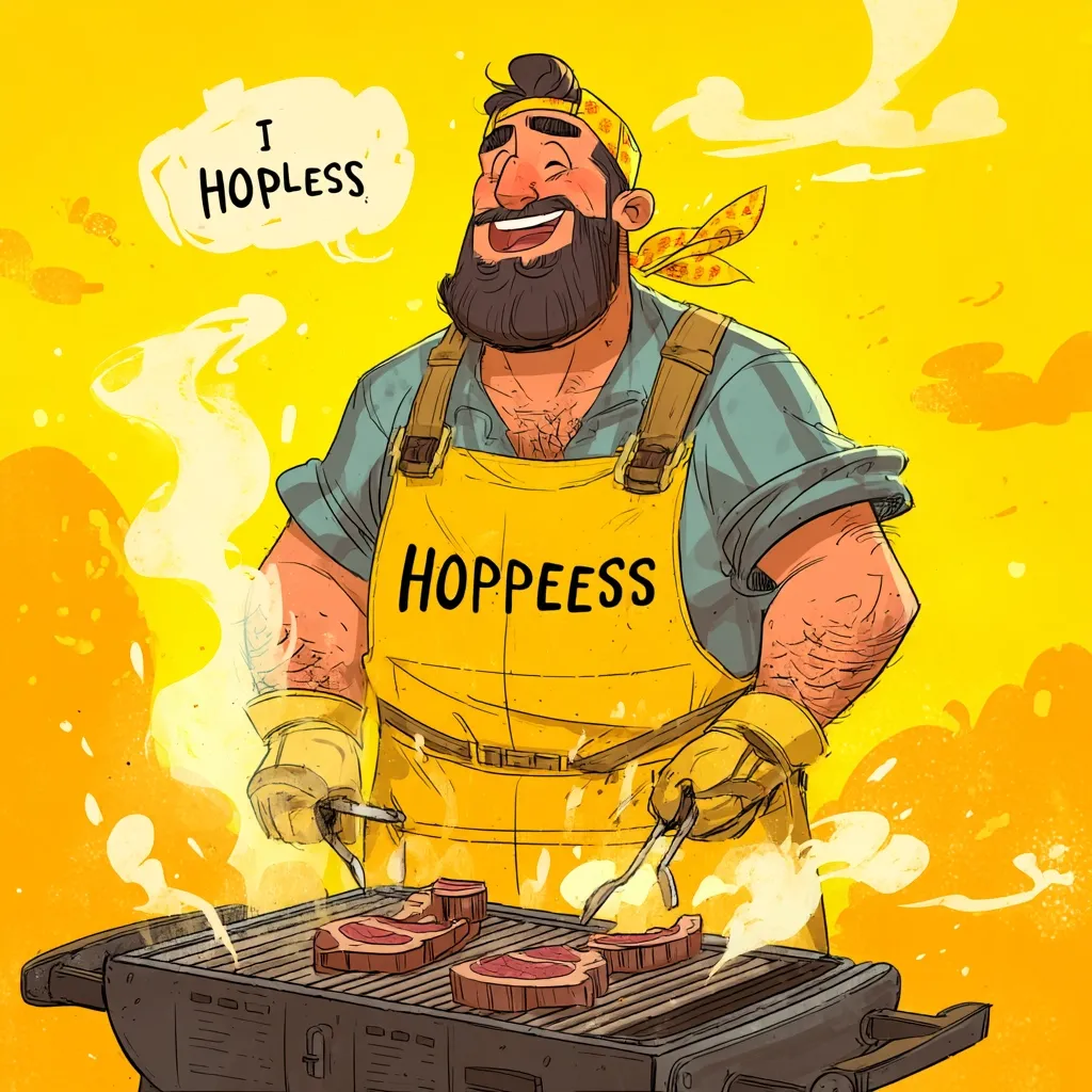A jovial, bearded man with a yellow apron that reads "Hoppeess" grills steaks on a sunny day.  He wears yellow gloves and a bandana. A speech bubble above him proclaims "I Hopeless," adding a humorous contrast to his cheerful expression and grilling expertise.  The vibrant yellow background and stylized art create a playful and energetic scene.