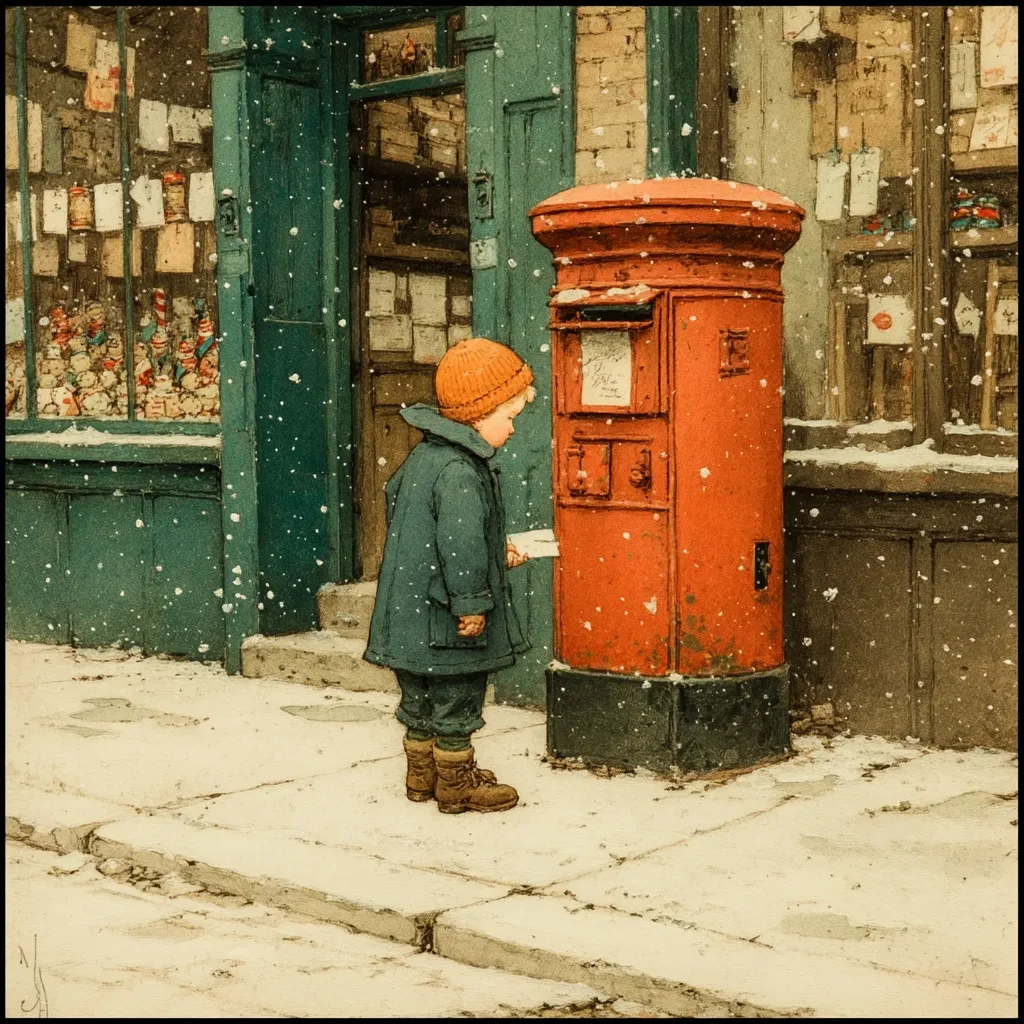 A young child in a dark blue coat and orange hat stands before a red postbox on a snowy day.  Snow gently falls as the child carefully posts a letter. The background shows a shop window displaying various items, creating a charming winter scene. The overall tone is peaceful and nostalgic.