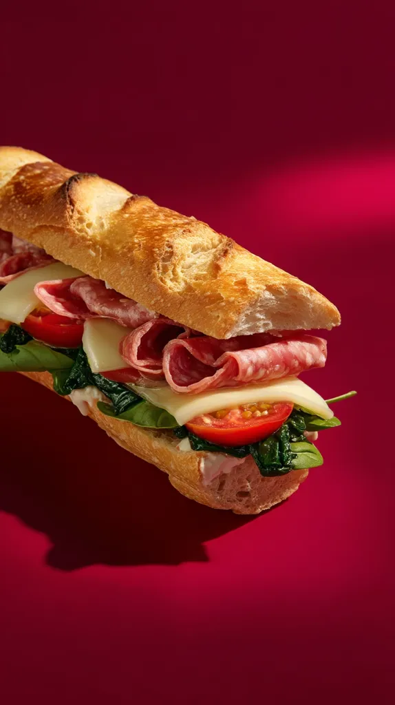 A delicious-looking sub sandwich is artfully presented against a vibrant crimson backdrop.  The baguette is generously filled with layers of salami, cheese, tomato slices, and spinach.  The lighting accentuates the textures and colors of the fresh ingredients, creating a visually appealing and appetizing image.