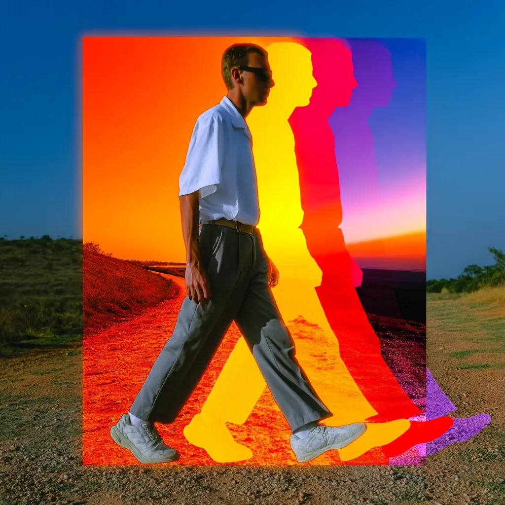 A man in a white shirt and grey trousers walks along a path.  Behind him are three vibrant, overlaid silhouettes of him walking, creating a trippy, color-saturated effect against a sunset backdrop. The image is framed by a rectangular border, enhancing the surreal and artistic presentation.  The overall feel is retro and stylized.