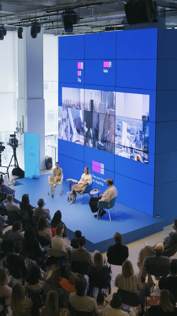 A panel discussion is underway in a modern, spacious venue.  Three panelists sit on stage before a large audience, facing a vibrant blue wall featuring a digital display showcasing cityscapes. The event is professionally filmed, with cameras and lighting equipment visible. The atmosphere is contemporary and engaging, suggesting a conference or similar professional gathering.  The audience is attentive, seated in chairs facing the stage.
