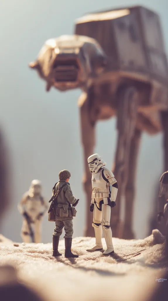 A miniature Luke Skywalker confronts a Stormtrooper on a desert planet.  A towering AT-AT walker looms in the background, creating a dramatic and evocative scene reminiscent of Star Wars.  The shallow depth of field emphasizes the figures in the foreground, highlighting the tension between them.  The overall tone is one of suspense and impending conflict.