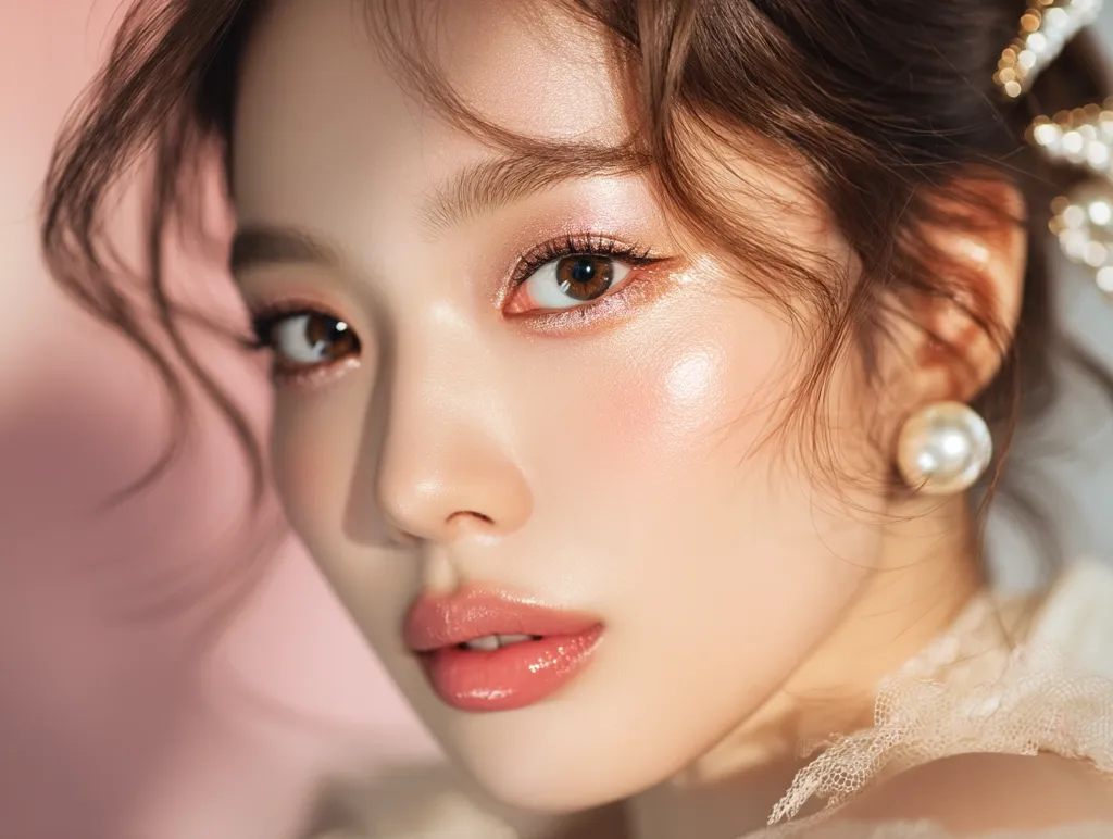 Close-up portrait of a young woman with flawless makeup.  Her skin is luminous, with soft pink blush and shimmering eyeshadow.  She wears pearl earrings and a delicate, lacy garment.  Her hair is styled in soft waves, framing her face. The overall aesthetic is elegant and romantic, with a soft, dreamy lighting.