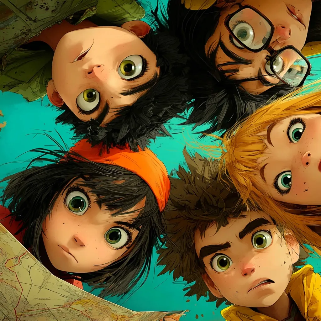 Four children with large, expressive eyes huddle together, peering down at a map.  Their diverse hairstyles and clothing suggest unique personalities.  The vibrant, stylized artwork features a teal background, emphasizing the children's focused expressions and collaborative spirit. The scene hints at an adventurous undertaking or a journey in progress.