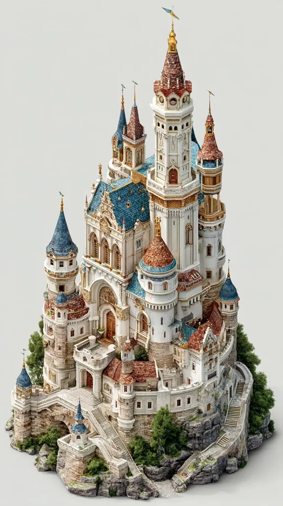 A meticulously detailed digital rendering showcases a fairytale castle perched atop a rocky outcrop.  The castle boasts multiple towers, intricate detailing, and a blend of architectural styles, featuring a mix of pointed and rounded arches, steep gabled roofs, and ornate embellishments.  Stone staircases wind down the cliffside, leading to a bridge and smaller outbuildings, creating a picturesque and fantastical scene.  The color palette is predominantly white and cream, accented with touches of blue, red, and gold.