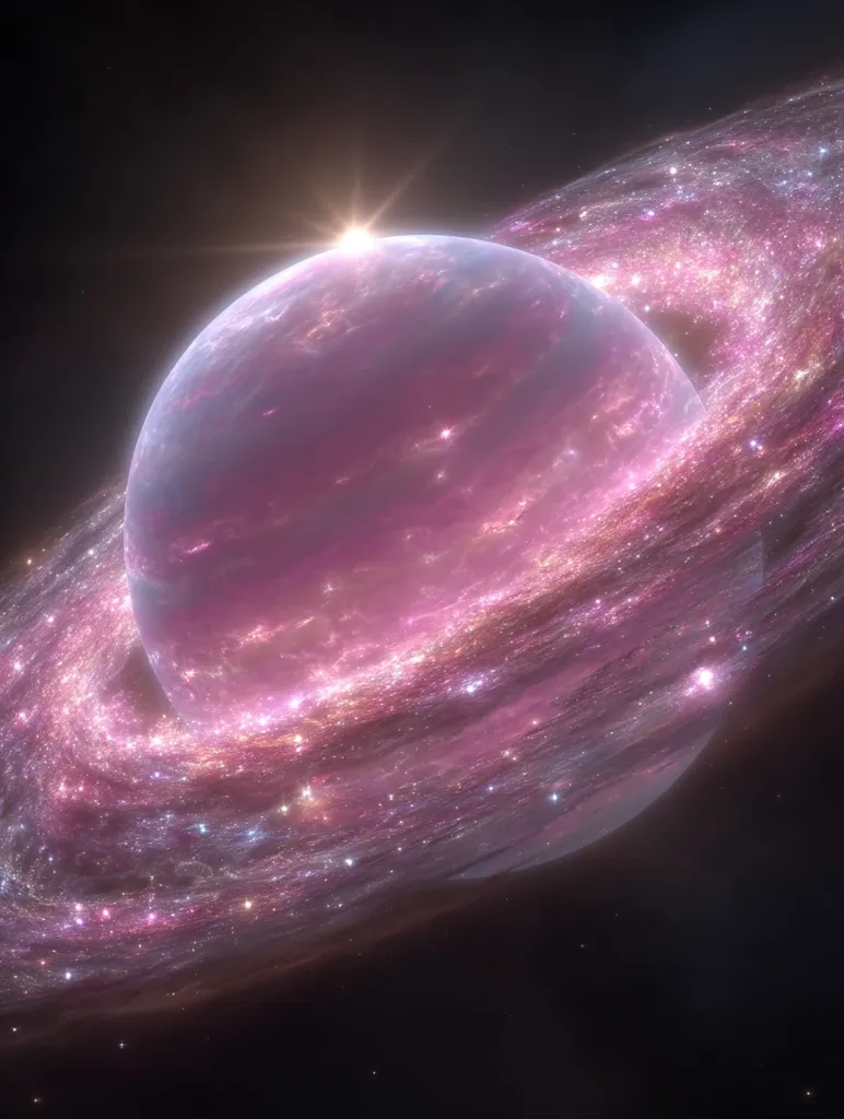 A digital rendering depicts a celestial body, possibly a planet or star, exhibiting a vibrant pink hue.  It's surrounded by a swirling, glittering ring of cosmic dust and gas, creating a visually stunning spectacle.  A bright light source, perhaps a sun, is visible near the top of the planet, illuminating the scene. The overall aesthetic is ethereal and dreamlike, suggesting a fantastical or otherworldly setting.