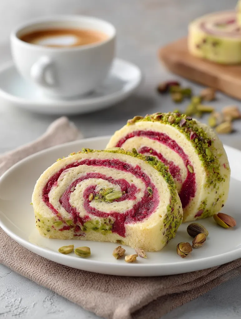 Two slices of pistachio-sprinkled cake roll, filled with a vibrant red swirl, are elegantly presented on a white plate.  A cup of cappuccino sits in the blurred background, adding to the cozy café ambiance.  Scattered pistachios and a linen napkin complete the scene.  The dessert appears moist and delicious.