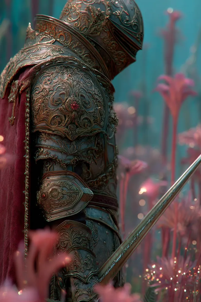 A knight in ornate, gold-encrusted armor stands amidst a surreal landscape of glowing pink flora.  The armor is intricately detailed, showcasing a high level of craftsmanship. The knight holds a long sword, its golden blade gleaming. The background is a hazy, ethereal scene, contrasting the sharp detail of the armor.  The overall mood is one of fantasy and mystery.