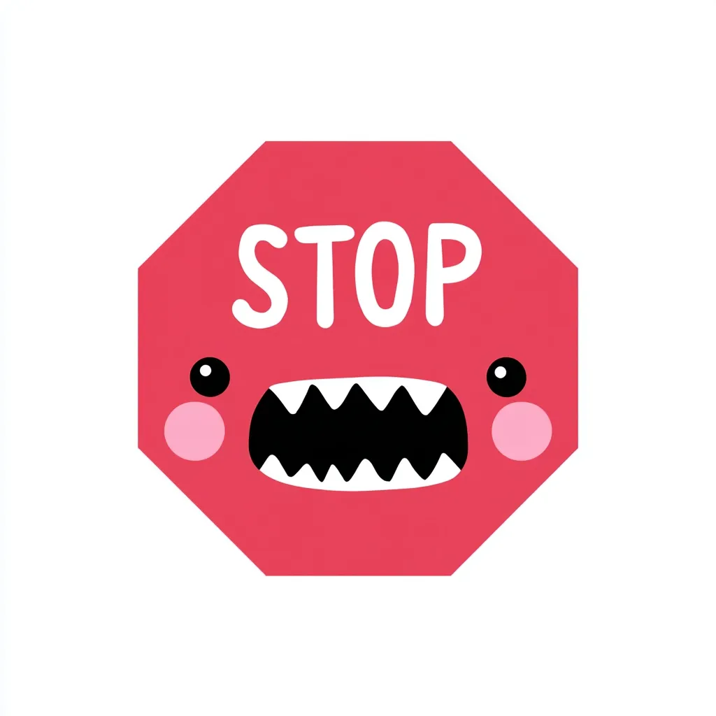 A stop sign is depicted with a cute, cartoonish expression. The sign is red and octagonal, with the word "STOP" written in bold white letters.  The cartoonish face features large, round eyes, pink cheeks, and a wide, toothy grin, giving it a playfully menacing appearance. The overall style is fun and slightly mischievous.