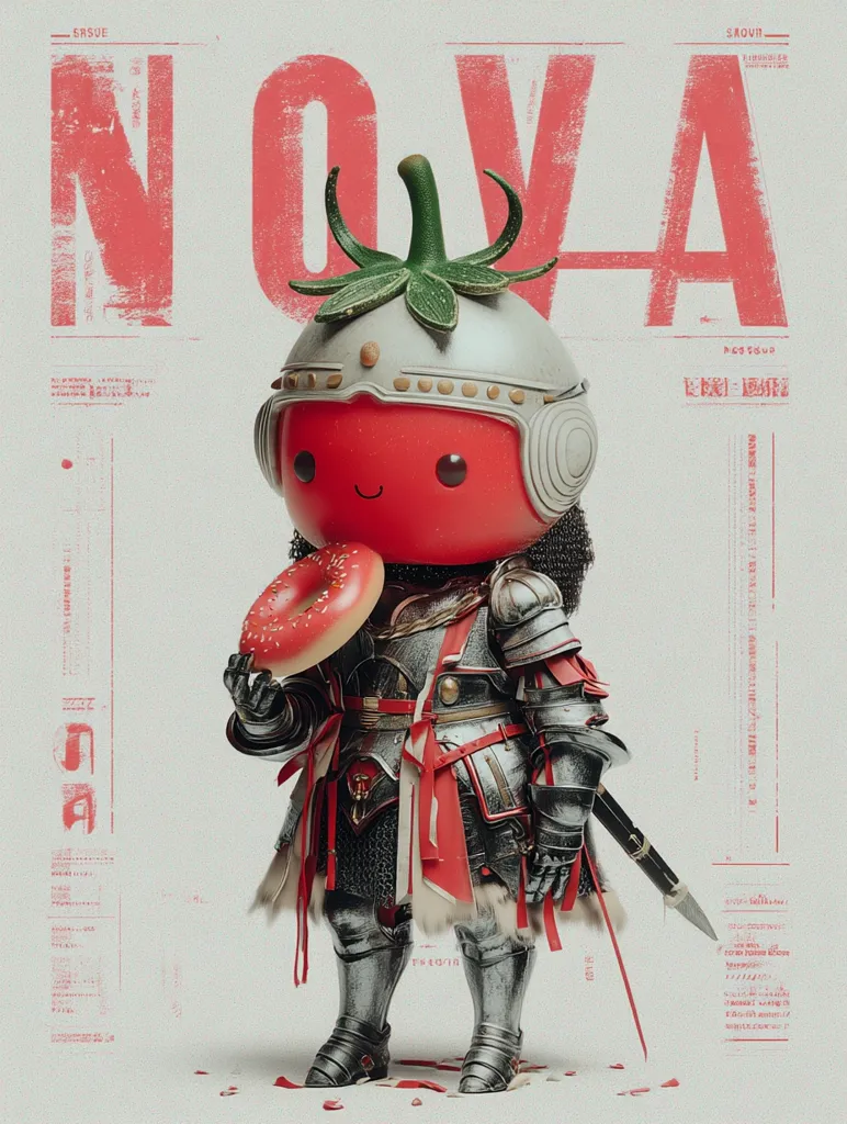 A whimsical poster features a 3D rendered tomato character dressed as a medieval knight.  The tomato, wearing a helmet adorned with leaves, holds a donut.  The word "NOVA" is prominently displayed in a distressed, red font.  The overall style is a blend of cute and gritty, with detailed armor contrasting with the character's cartoonish features.  The background includes technical-looking text and design elements.