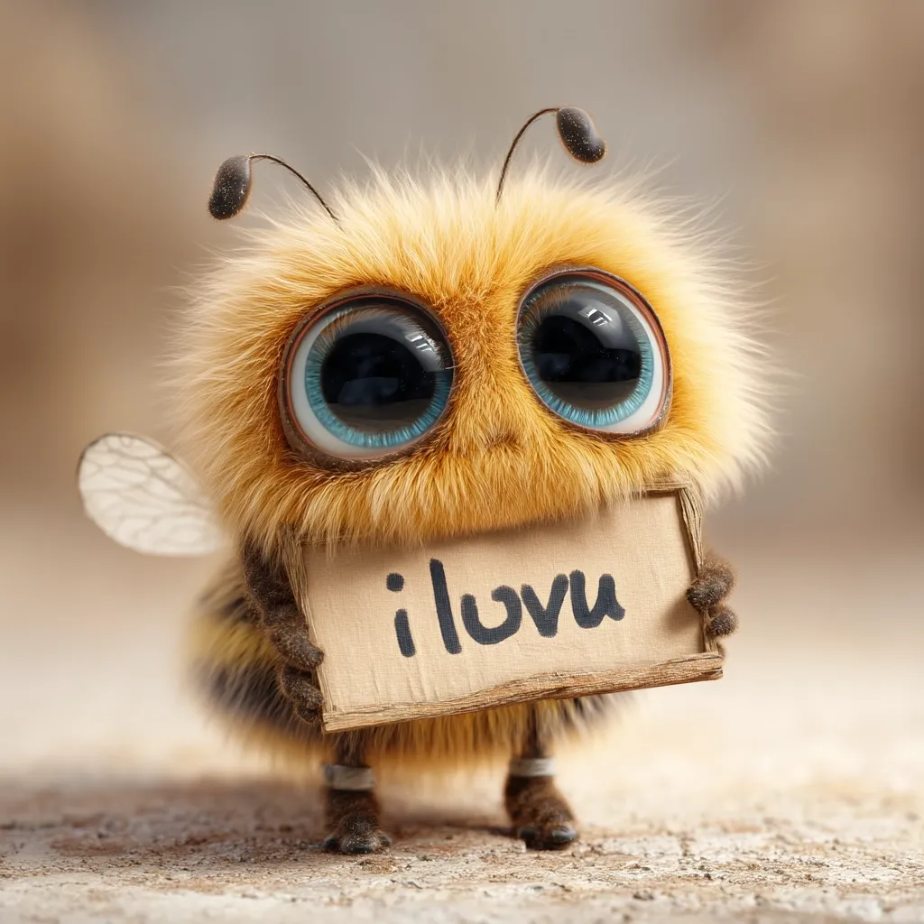 An adorable, fluffy cartoon bee with large, expressive blue eyes holds a small, worn cardboard sign that reads "i lovu."  The bee's fuzzy, golden-brown fur contrasts with its dark-colored legs and antennae.  The overall image is heartwarming and conveys a message of affection.