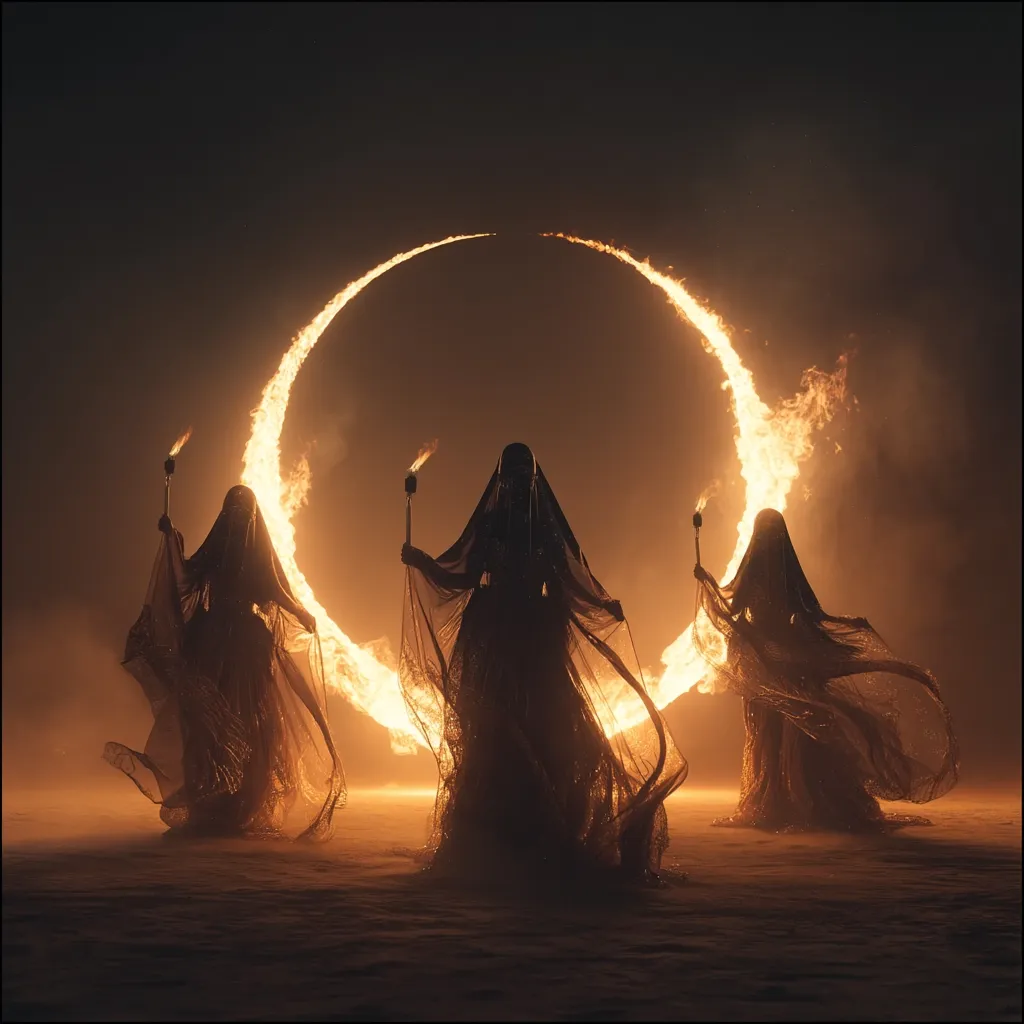 Three figures in flowing dark robes, each holding a flaming torch, stand before a large, fiery ring.  The scene is set against a dark, sandy landscape under a night sky. The image evokes a mystical or ceremonial atmosphere, with the fire ring acting as a dramatic backdrop.  The figures appear silhouetted against the intense light, creating a powerful and evocative visual.