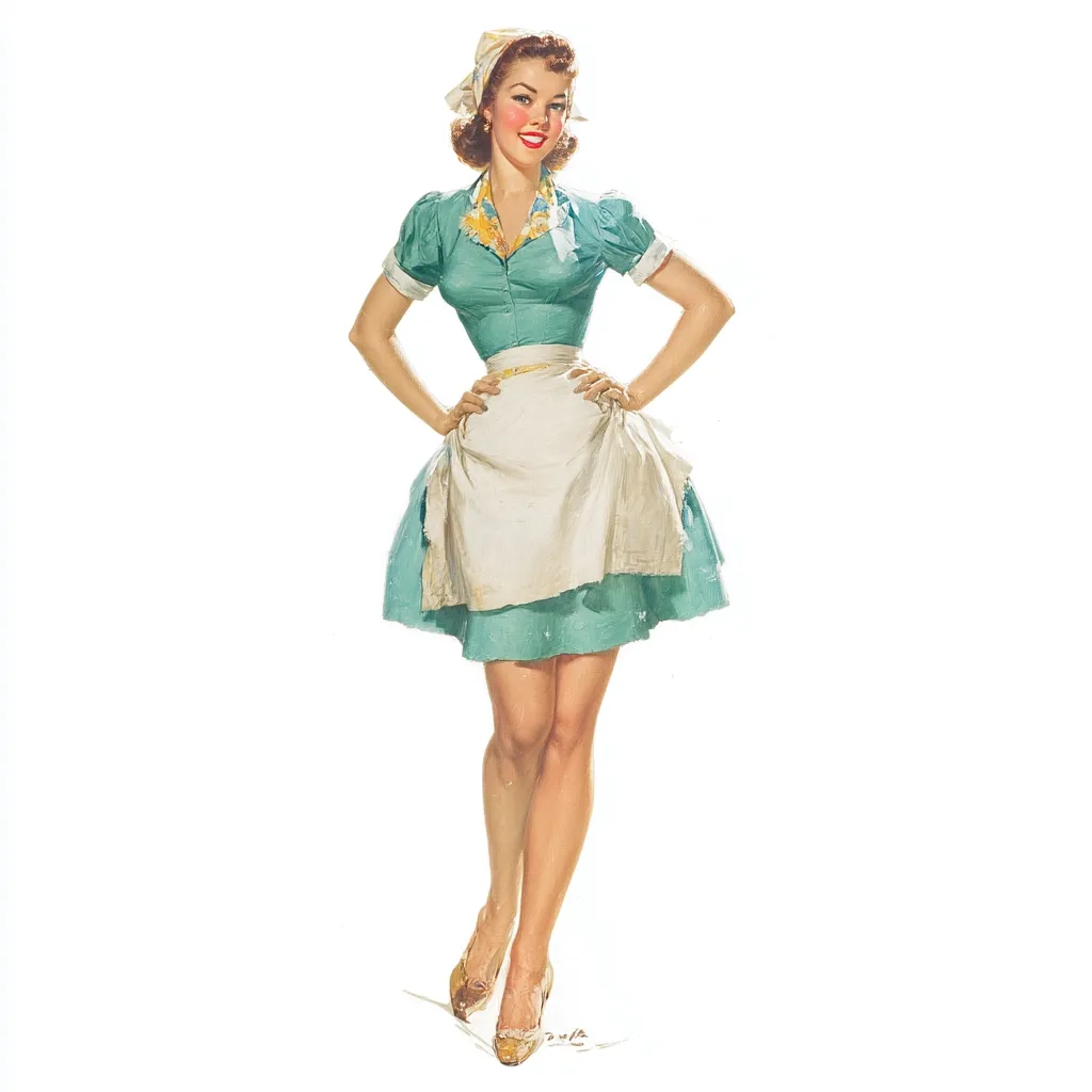 A pin-up style illustration of a smiling woman wearing a teal dress and white apron.  She has short brown hair styled in waves, and wears a white head scarf.  Her pose is confident and cheerful, hands on hips, with a slight smile. The image is evocative of 1940s or 1950s Americana.  She wears light brown heels.