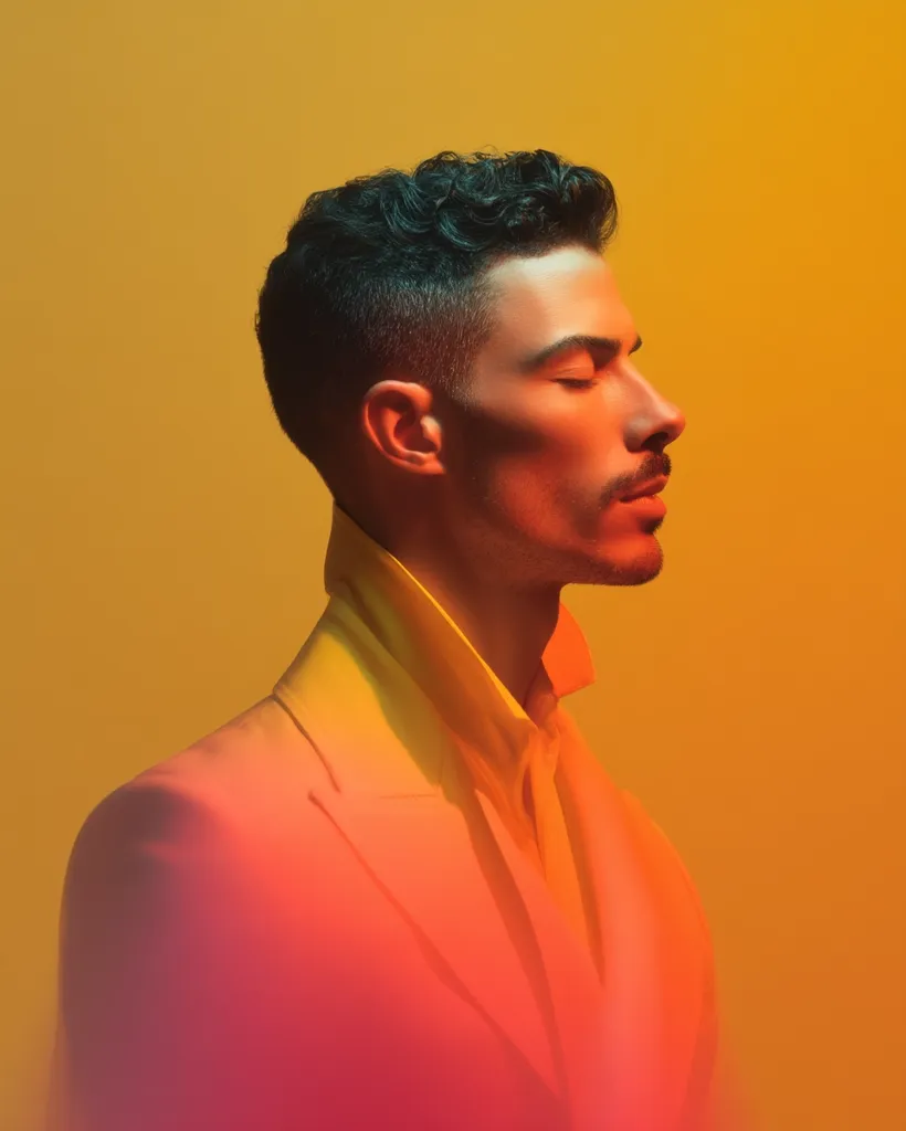 A young man with short, curly dark hair and a well-groomed beard is shown in profile against a vibrant yellow-orange background.  He's wearing a stylish, light-colored suit jacket, the fabric seemingly illuminated with a warm, gradient light effect shifting from yellow to orange to red. His eyes are closed, conveying a sense of calm or contemplation. The overall mood is one of sophisticated serenity.
