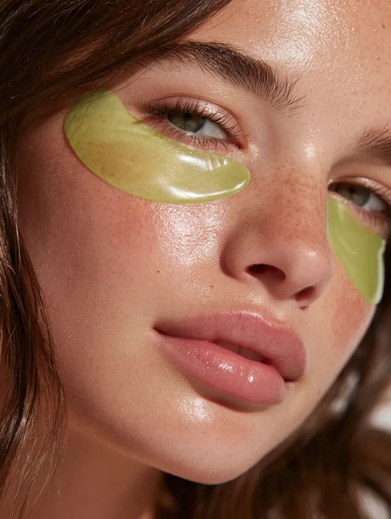 Close-up of a young woman with light skin and freckles.  She's wearing light green under-eye patches. Her skin appears dewy and healthy. The focus is on her eyes and lips, highlighting the subtle glow and natural beauty.  The overall impression is one of freshness and relaxation.