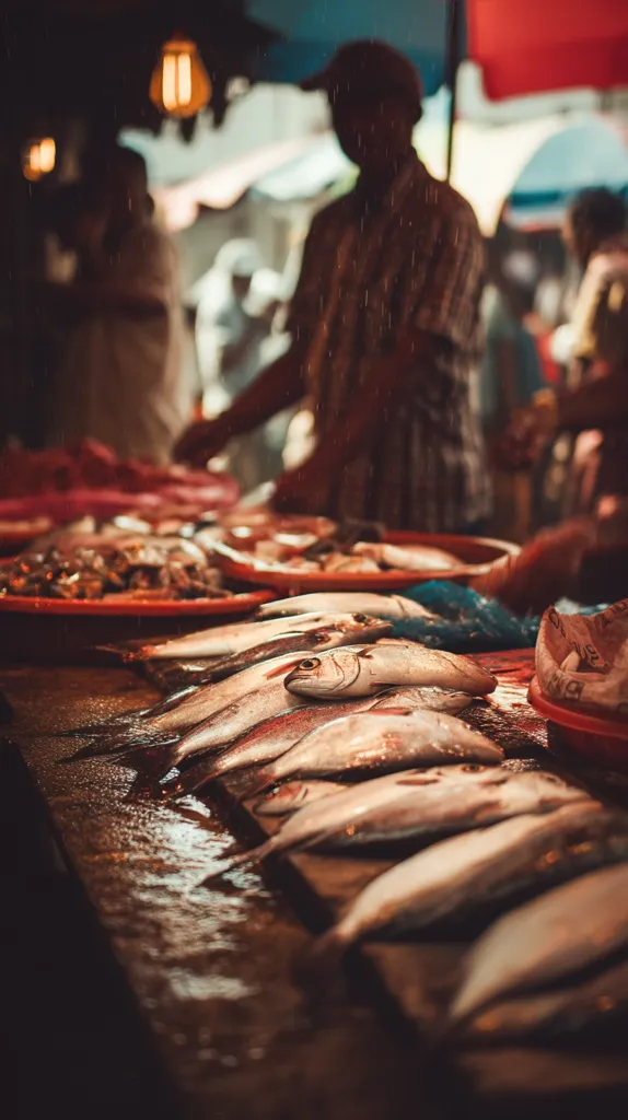 A bustling fish market scene under a rainy sky.  Freshly caught fish, glistening wet, are displayed on a wooden table.  A blurred figure of a vendor stands in the background, rain drops visible on their clothing.  Other market shoppers are also visible, though out of focus, adding to the atmosphere of a lively, outdoor market.  The overall image is dark and moody, emphasizing the texture and vibrancy of the fish.